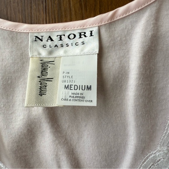 Vintage NATORI Nightgown Medium Pink Satin Long Sleeve Tunic Embroidered Lace - Picture 5 of 14